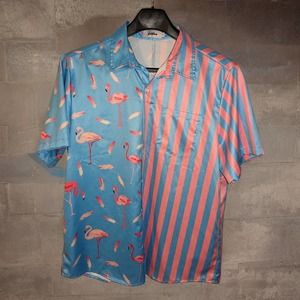 Vatpave Pink & Blue Hawaiian Flamingos & Stripes Button Casual Shirt LARGE
